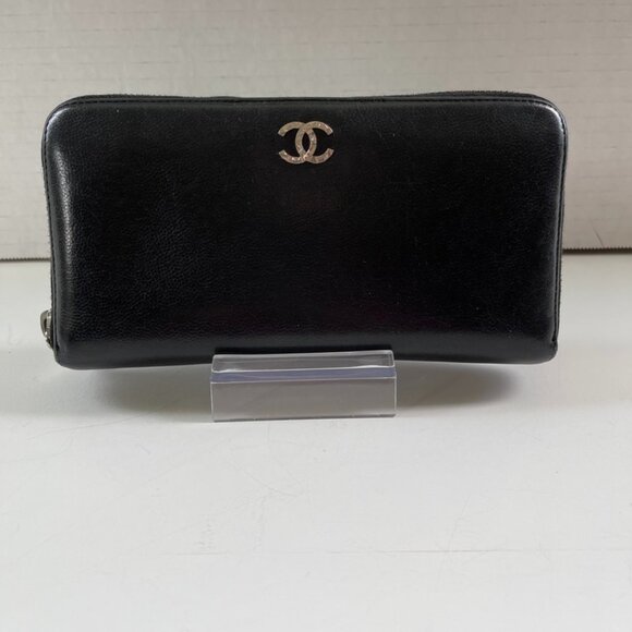 Chanel Zip Around Long Wallet Black Leather with CC Logo - Picture 1 of 10